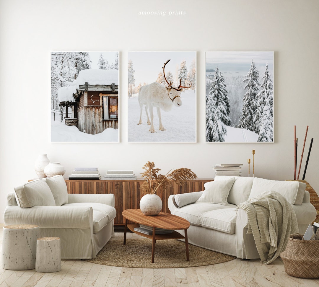 SET OF 3 Prints Reindeer Winter Log Cabin Wall Decor Art Scandinavian ...