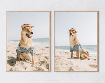 SET of 2 Printable Shiba Inu Summer Beach Wall Art Digital Instant Download Interior Print Vacation Vibes Animal Portrait Dog Lover Decor