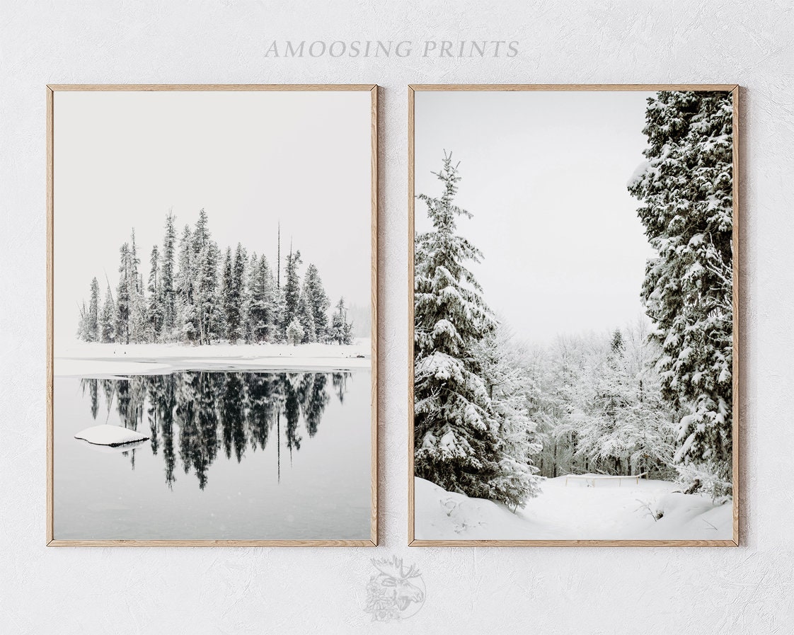SET OF 6 Printable Winter Wall Decor Reindeer Log Cabin Snowy Forest ...