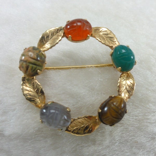 Scarab Brooch GF Semi Precious Stones 1950's Beautifully Detailed