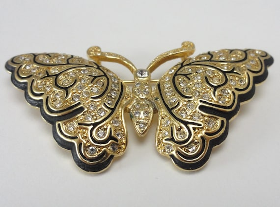 Napier Butterfly Brooch Black Enamel Clear Rhines… - image 1