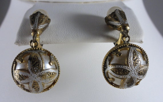 Damascene Earrings Overlay Faux Pearl Dangles - image 3