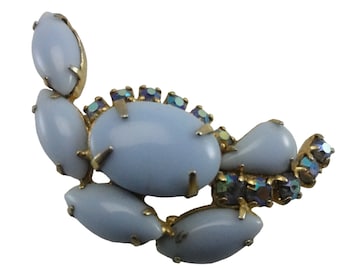 Milk Glass Brooch Baby Blue Crescent AB Peacock Rhinestones