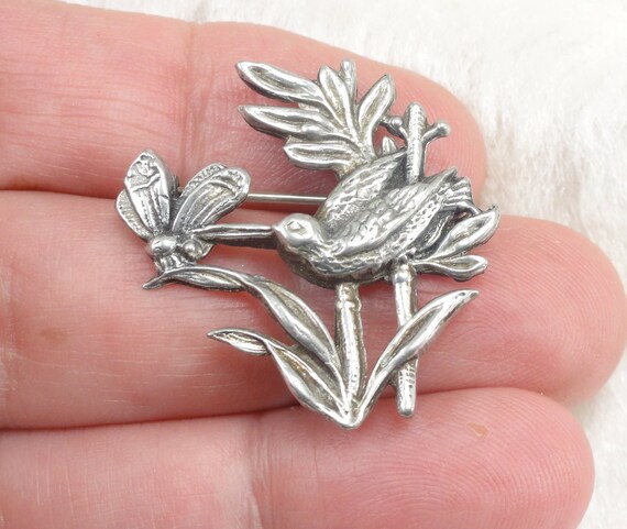 Hummingbird Pewter Brooch Unusual Vintage - image 1