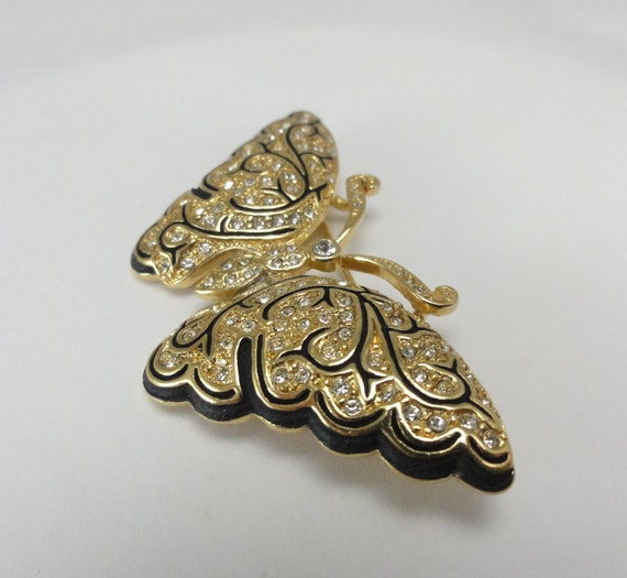 Napier Butterfly Brooch Black Enamel Clear Rhines… - image 6