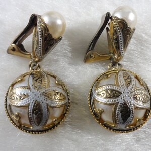 Damascene Earrings Overlay Faux Pearl Dangles