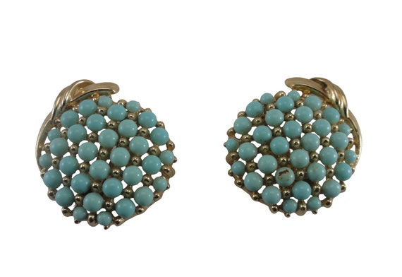 Crown Trifari Earrings Turquoise Pave Glass - image 1