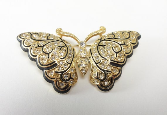 Napier Butterfly Brooch Black Enamel Clear Rhines… - image 5