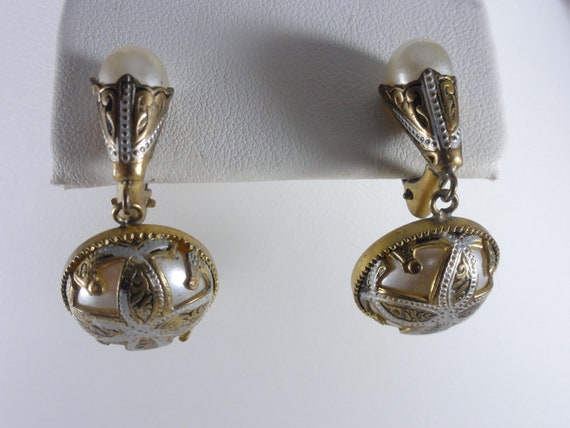 Damascene Earrings Overlay Faux Pearl Dangles - image 5