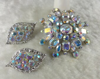Vintage Pastel Rhinestone Set Large AB Brooch and Earrings