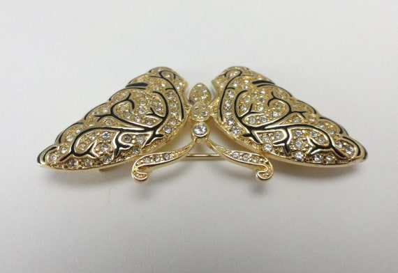 Napier Butterfly Brooch Black Enamel Clear Rhines… - image 4