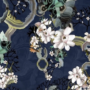 May include: A seamless pattern featuring a dark blue background with abstract shapes and floral elements. The design includes white flowers, black branches, and layered, marbled-like forms in shades of green, gray, and yellow. The overall aesthetic is artistic and botanical.
