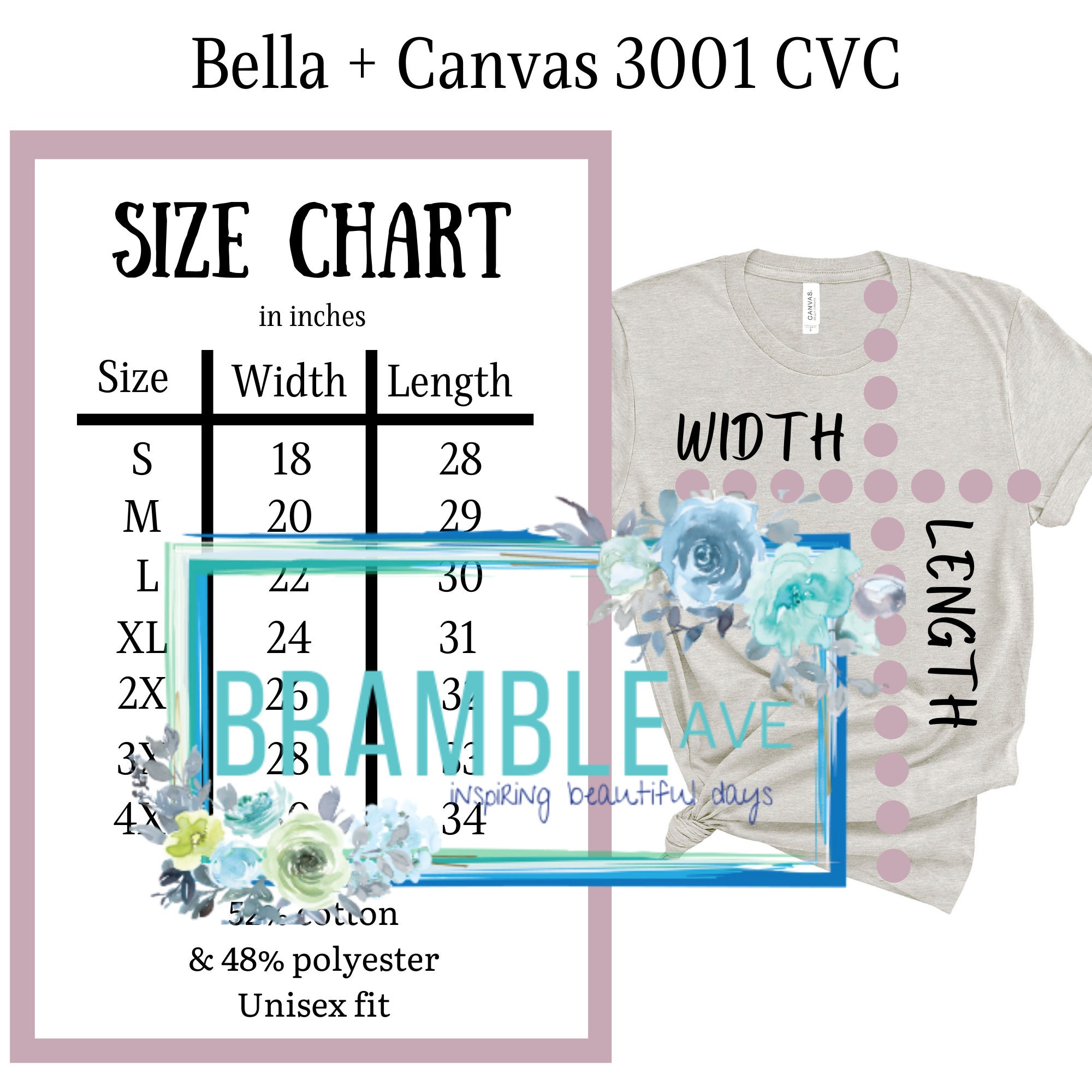 Bella Canvas 3001 CVC Size Chart 2x 3x 