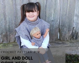 CROCHET PATTERN ONLY Girl 10-14 Doll Cowl Neck Poncho Pattern Matching Set Beginner yarn craft fair