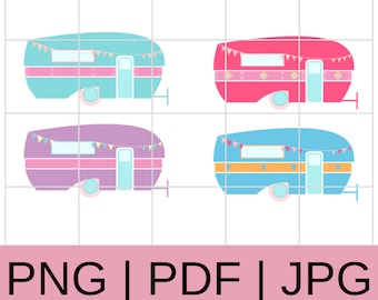 Puede incluir: Cuatro ilustraciones de caravanas vintage de diferentes colores con banderas de guirnalda. Las caravanas son azules, rosas, moradas y rojas. Las caravanas tienen ventanas y puertas blancas. PNG | PDF | JPG