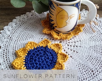 Sunflower Coaster CROCHET PATTERN ONLY Beginners Easy flower floral wash cloth cotton yarn dish cloth craft fair