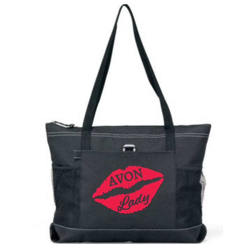 Avon Lady Tote bag purse black pink red lips lightweight #beautyboss Representative pockets large direct sales mascara FREE SHIPPING