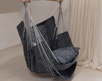 Hand-sewn Hammock Chair with large cushions and natural wood  Black/White & Gray Rope. Perfect gift. Express delivery.