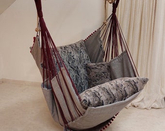 Best Hanging Chair/Swing Chair Design  Gray/Bordo Rope and Pillow with accent