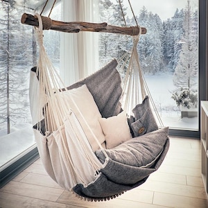 Hammock Chair Soft/Milk White/Gray, Footrest & Big Pillows, Natural Tree Branch, Relaxation