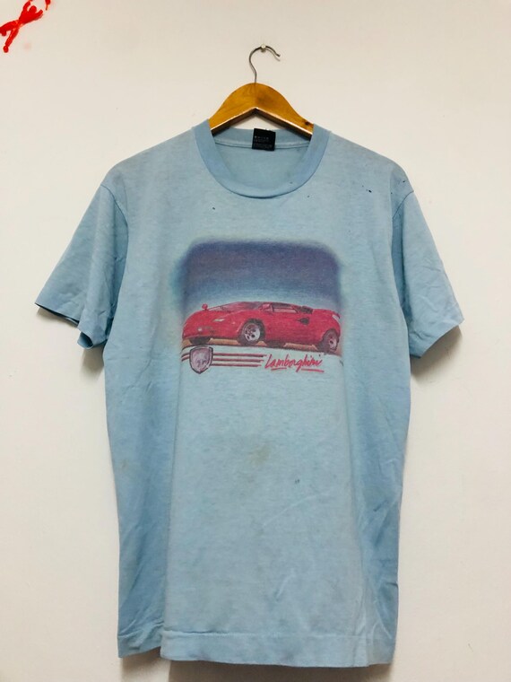 Vintage Original 80s Lamborghini Countach 1998 Poster Pose T-Shirt / Super Car / Sport Car / Blue / L