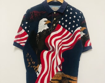 Vintage 90s Cotton Traders “ USA Flag Collar T-Shirt / Rare / Streetwear / LA Street / M
