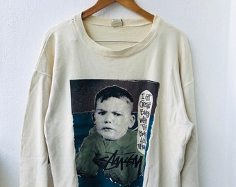 Vintage originele jaren '80 Stussy "Ik krijg kippenvel als de baslijn dreunt 1989" Authentieke foto gedrukte uitgave Sweatshirt M Cream