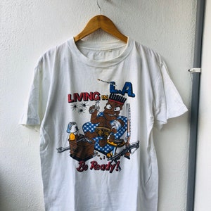 Vintage originele jaren 80 Bart Simpson bootleg-parodie "Living in L.A" American Gangster Culture Cartoon parodie T-shirt