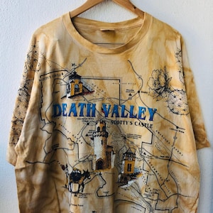 Vintage 90s Death Valley Scotty’s Castle 1993 Overprinted Map Designs T-Shirt / All Over Printed / Artwork / 90s Artwork / 90s Pop Art