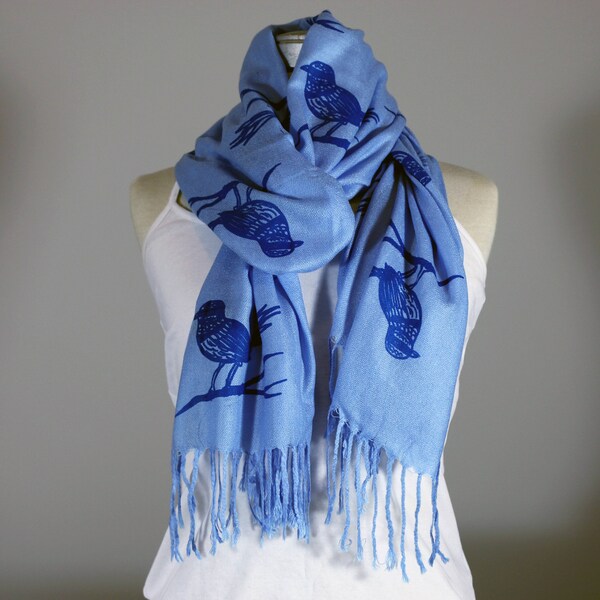 Blue Wren Pashmina Scarf - Hand-Printed