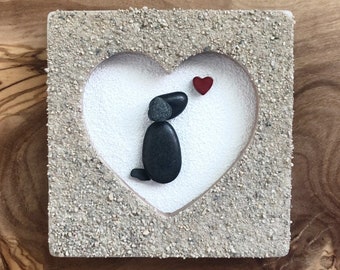 DOG & Heart Pebble Art | 3x3 MINIATURE Heart Frame | Pet Gift | Puppy Dog Memorial | Mermaid Decor, Coastal Decor, Beach Decor, Unique Gift