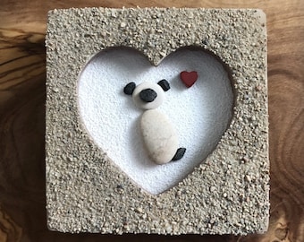 PUG DOG & Heart Pebble Art | 3x3 MINIATURE Heart Frame | Pet Gift | Puppy Dog Memorial | Mermaid Decor, Coastal Beach Decor, Unique Gift