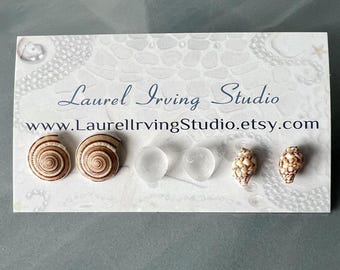 Genuine Seaglass & Seashell Stud Earrings | Sundial | Freshwater Pearl | Mermaid Earrings | Eco-Friendly Beach Jewelry | SET of 3 earrings