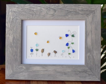 Genuine Sea Glass Birds and Bees & Flowers Pebble Art Family / Friends - 8x10 FRAMED - Love, Beach Glass Wall Art, Garden Decor UNIQUE Gift