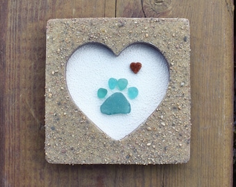 Sea Glass PAW Pebble Art | More Colors | 3x3 MINIATURE Heart Frame | Dog, Cat, Pet Memorial, Mermaid Beach Decor, Unique Gift