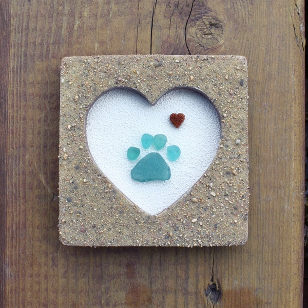 Sea Glass PAW Pebble Art | More Colors | 3x3 MINIATURE Heart Frame | Dog, Cat, Pet Memorial, Mermaid Beach Decor, Unique Gift