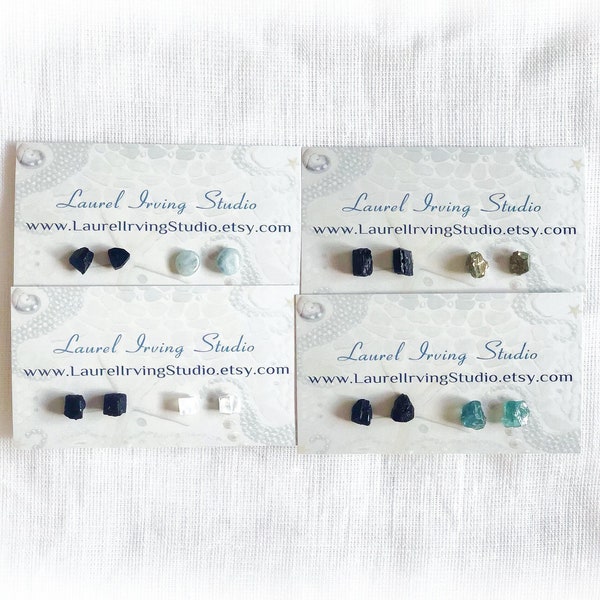 Black Tourmaline & Selenite Earrings SET of 2 / Pyrite / Fluorite / Aquamarine | YOU CHOOSE | Crystal Rock Stud Earrings,Unique Boho Jewelry