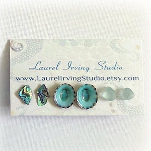 Genuine Sea Glass Stud Earrings | Blue Limpet Shell Earrings | Abalone Earring | Mermaid Earrings | Eco-Friendly Jewelry Gift Set 3 earrings