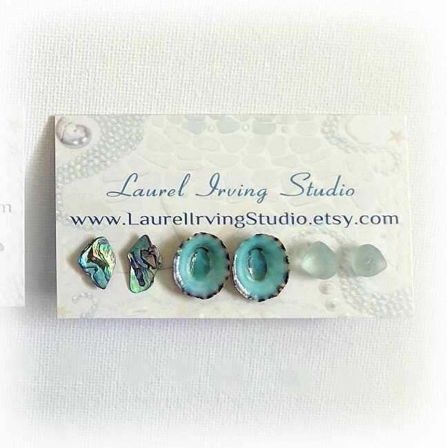 Genuine Sea Glass Stud Earrings | Blue Limpet Shell Earrings | Abalone Earring | Mermaid Earrings | Eco-Friendly Jewelry Gift Set 3 earrings