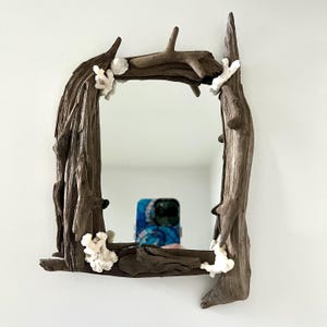 9.5&quot; Driftwood & Seashell Mirror | Rustic Driftwood Mirror | Coastal Wall Mirror | Mermaid Beach Decor | UNIQUE Coastal Gift