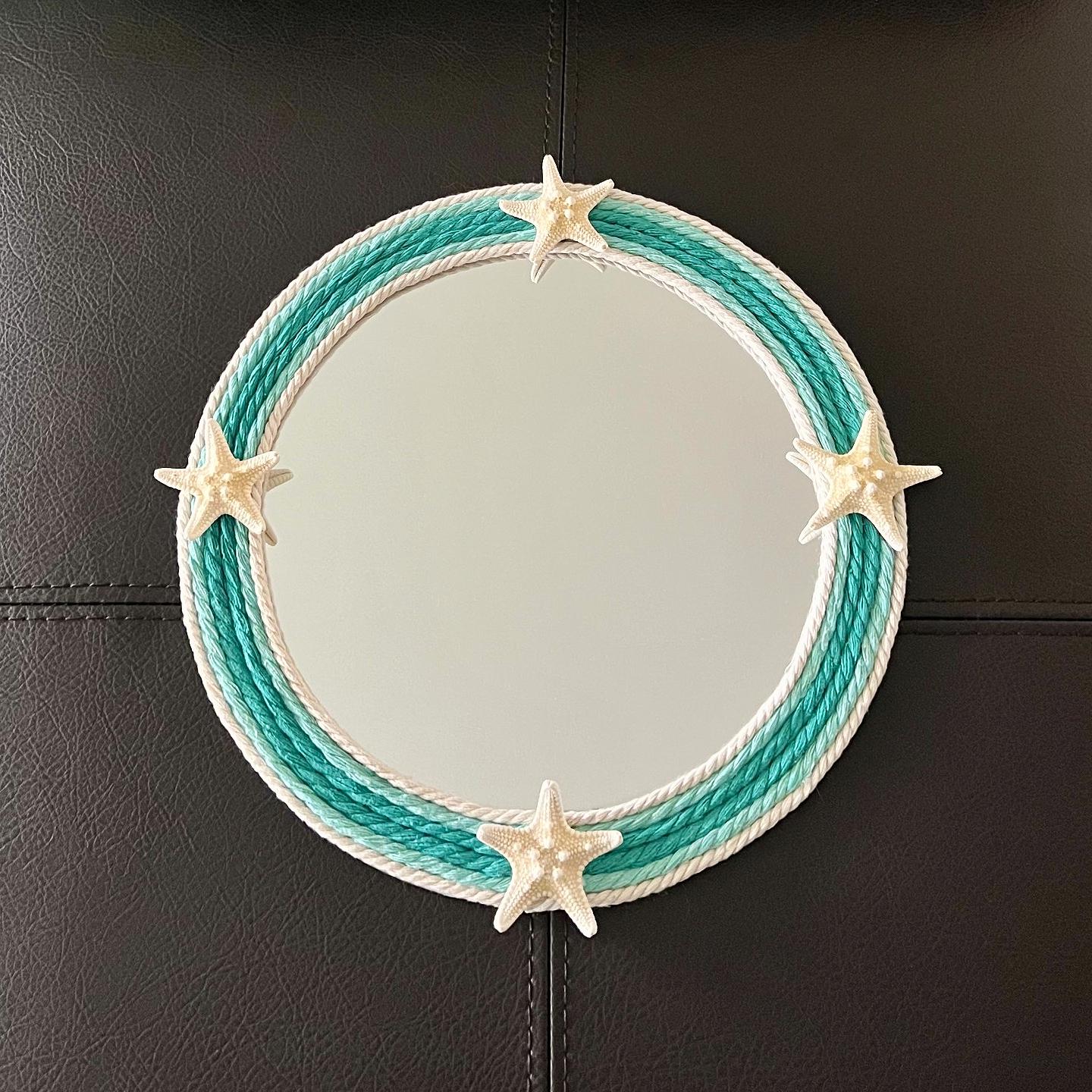 10" Coastal Mirror with Nautical Rope & Starfish | Seashell Mirror | Aqua Teal Mermaid Beach Decor | UNIQUE Coastal Gift
