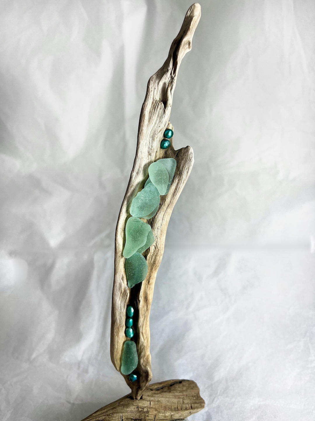 10.5" Driftwood & Sea Glass Sculpture | Driftwood Sea Glass Art | Sea
