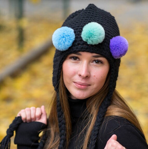Fur Pom Pom Knit Chunky Winter Hat Women Pom Hat Knit Teen Hat Etsy