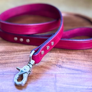 Op de afbeelding: Een fel magenta leren hondenriem met een zilverkleurige sluiting en klinknagels. De riem is opgerold op een houten oppervlak, wat de gladde textuur en het ontwerp benadrukt. Een stijlvol accessoire voor dierenbezitters.