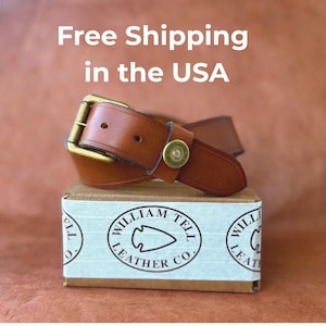 Handmade Light Brown Leather Belt Shotgun Shell Concho Brass Hardware Buckle Design Western Style Accessory Hunting Gear Anniversary Gift