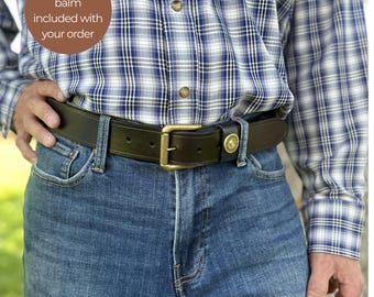 Men's 1.5 Inch Wide Full Grain Leather Belt With 12 Gauge Shotgun Shell Conchos - Brass Buckle