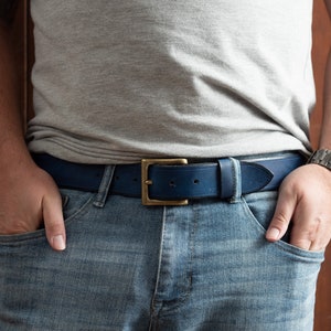Royal Blue Leather Belt With Square Brass Buckle, 1.5&quot; Width