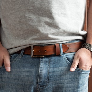 Tan Leather Belt  With Square Buckle in Antique Nickel, 1.5&quot; Width