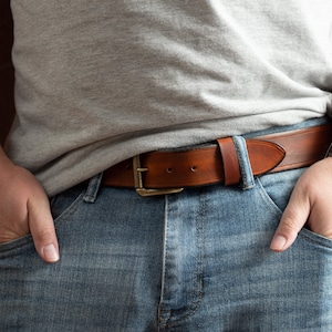 Tan Leather Belt With Antique Brass Roller Buckle
