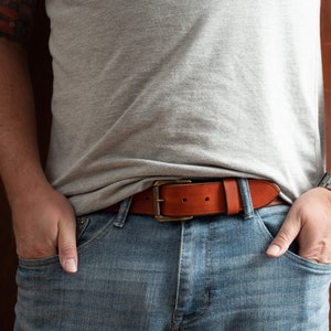 British Tan Leather Belt With Antique Brass Roller Buckle